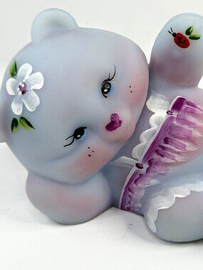 Vintage Fenton Blue Burmese 100th Anniversary Signed Bear A915